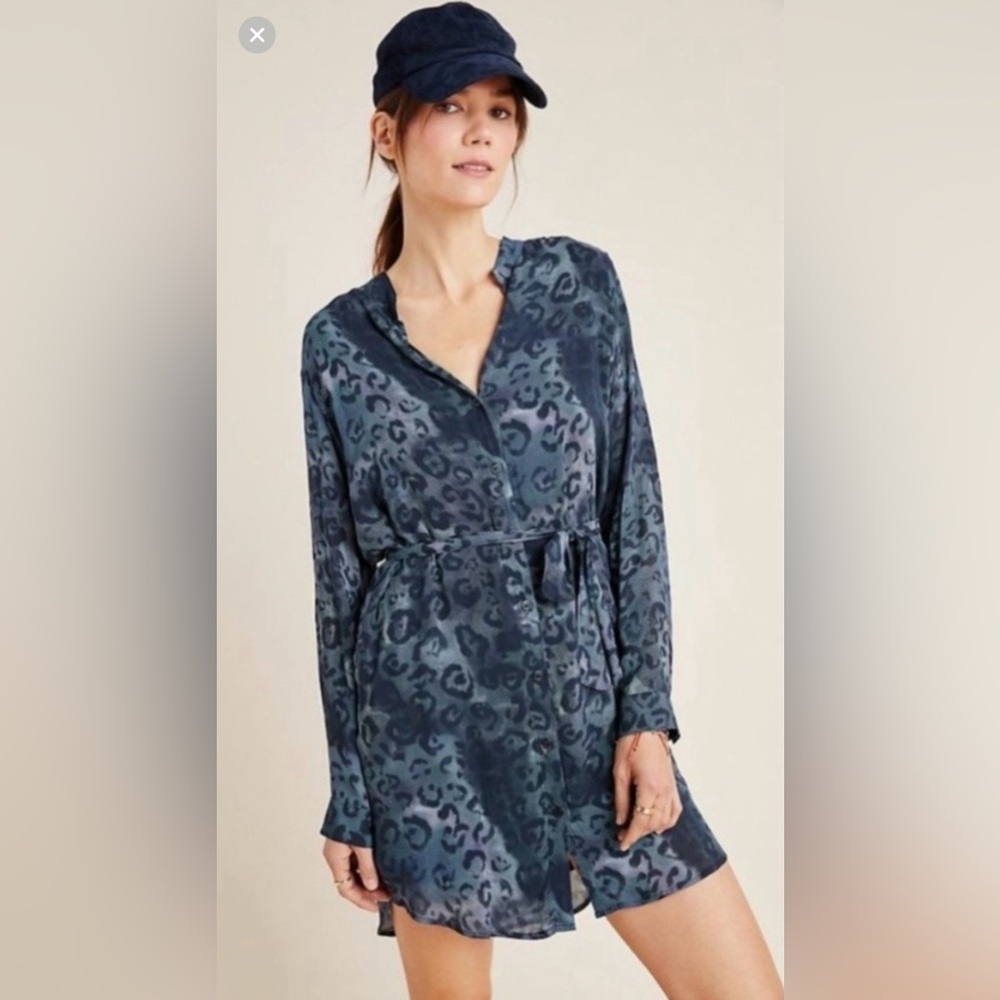 Blue Leopard Print Tie-Waist Shirt Dress
